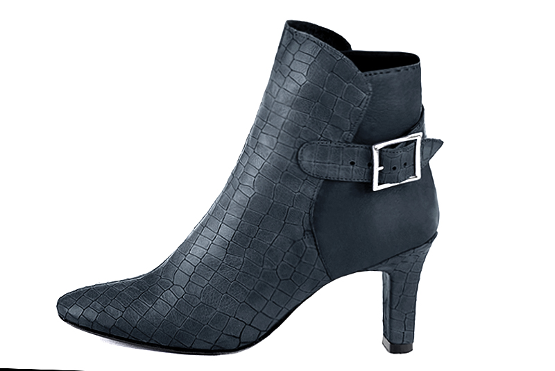Women's denim blue elegant ankle boots, with buckles at the back. Round toe. High kitten heels - Profile view